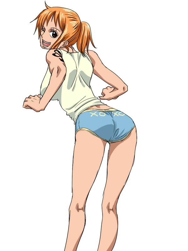 1girl, :d, ass, female_focus, from_behind, kuri_(pienu), leaning_forward, long_hair, looking_back, nami_(one_piece), one_eye_closed, one_piece, one_piece:_strong_world, open_mouth, orange_hair, short_shorts, shorts, smile, solo, tattoo, wink