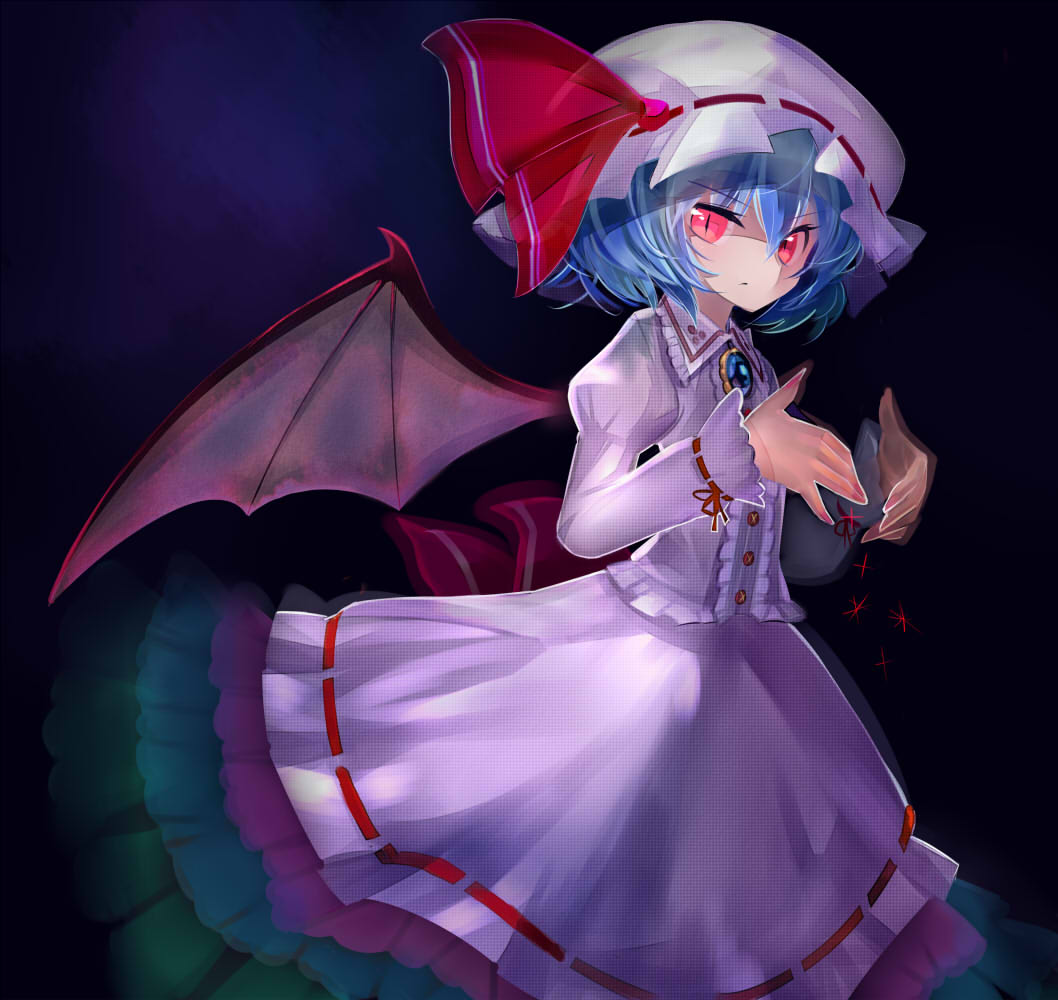 1girl, bat_wings, blue_hair, dress, female_focus, hat, pink_eyes, remilia_scarlet