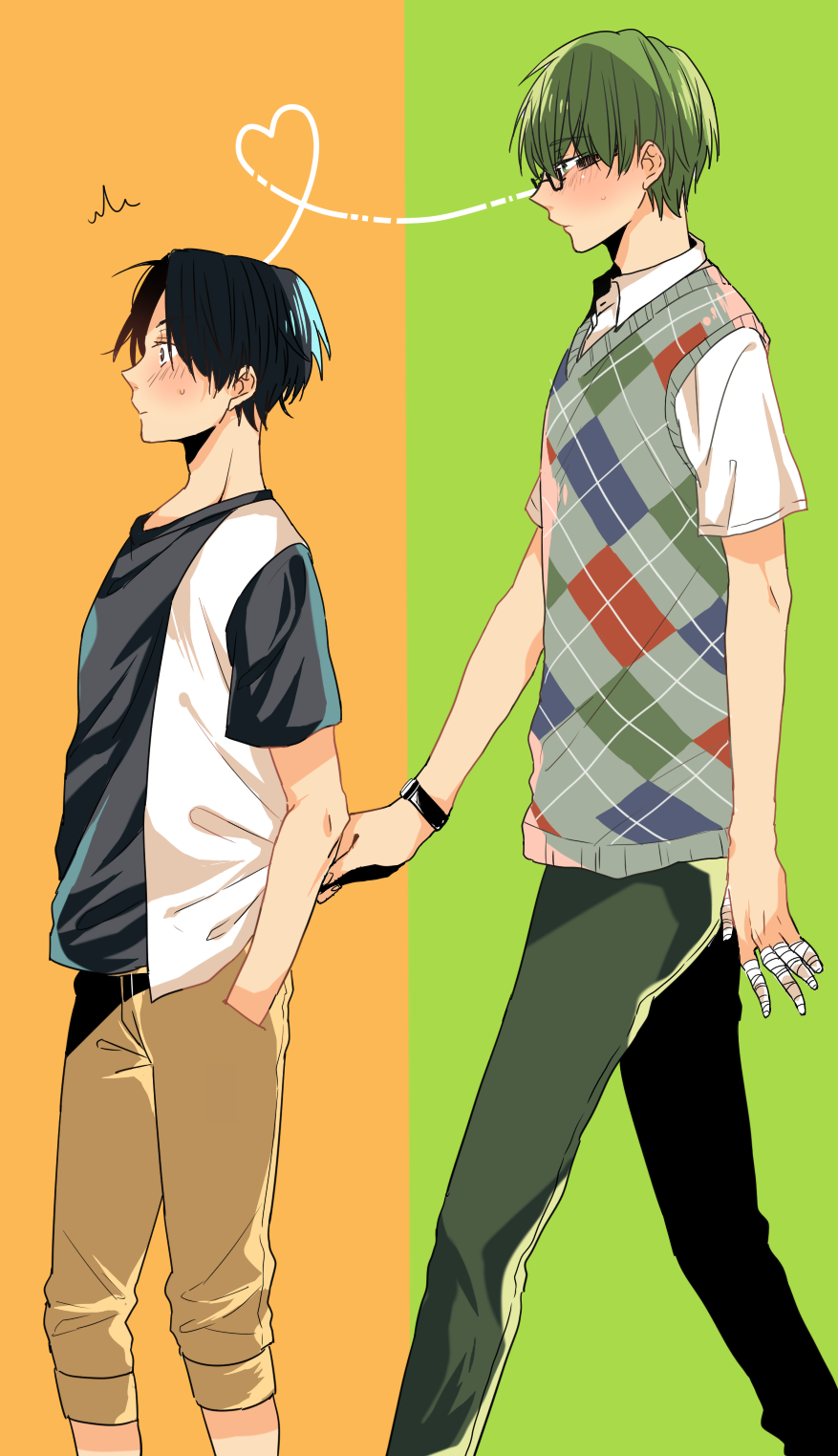 2boys, ^^^, argyle_clothes, argyle_sweater, black_hair, blush, brown_eyes, clothes_grab