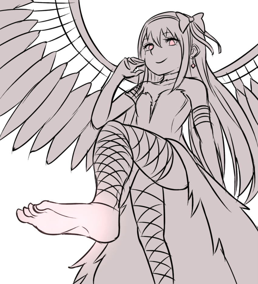 10s, 1girl, akemi_homura, akuma_homura, barefoot, bow, choker, earrings, elbow_gloves, feet, female_focus, foot_focus, gloves, hair_bow, highres, jewelry, kiiro_(cocoa080), long_hair, mahou_shoujo_madoka_magica, mahou_shoujo_madoka_magica:_hangyaku_no_monogatari, monochrome, purple_eyes, single_earring, smile, soles, solo, spoilers, spot_color, thighhighs, toes, wings, zettai_ryouiki