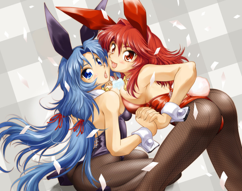 2girls, animal_ears, ass, blue_eyes, blue_hair, bow, bowtie, detached_collar