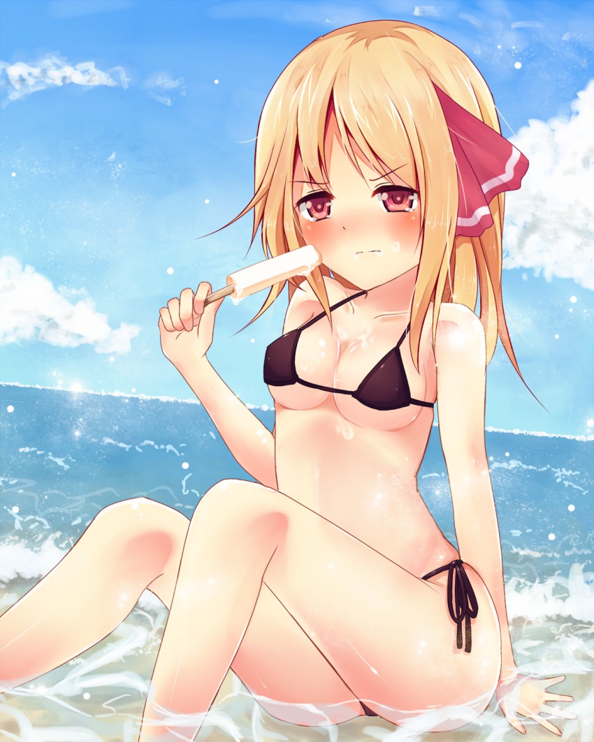 1girl, bikini, black_bikini, blonde_hair, blush, highres, popsicle, raira