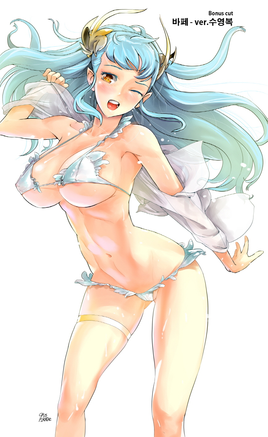 +_-, 1girl, aqua_hair, bikini, brown_eyes, character_request, copyright_request, female_focus, highres, korean_text, one_eye_closed, original, piratarum, signature, solo, swimsuit, translation_request, white_background, white_bikini