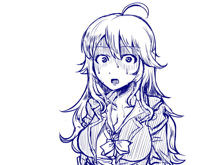 1girl, ahoge, bad_id, bad_pixiv_id, breasts, cleavage, comic, female_focus