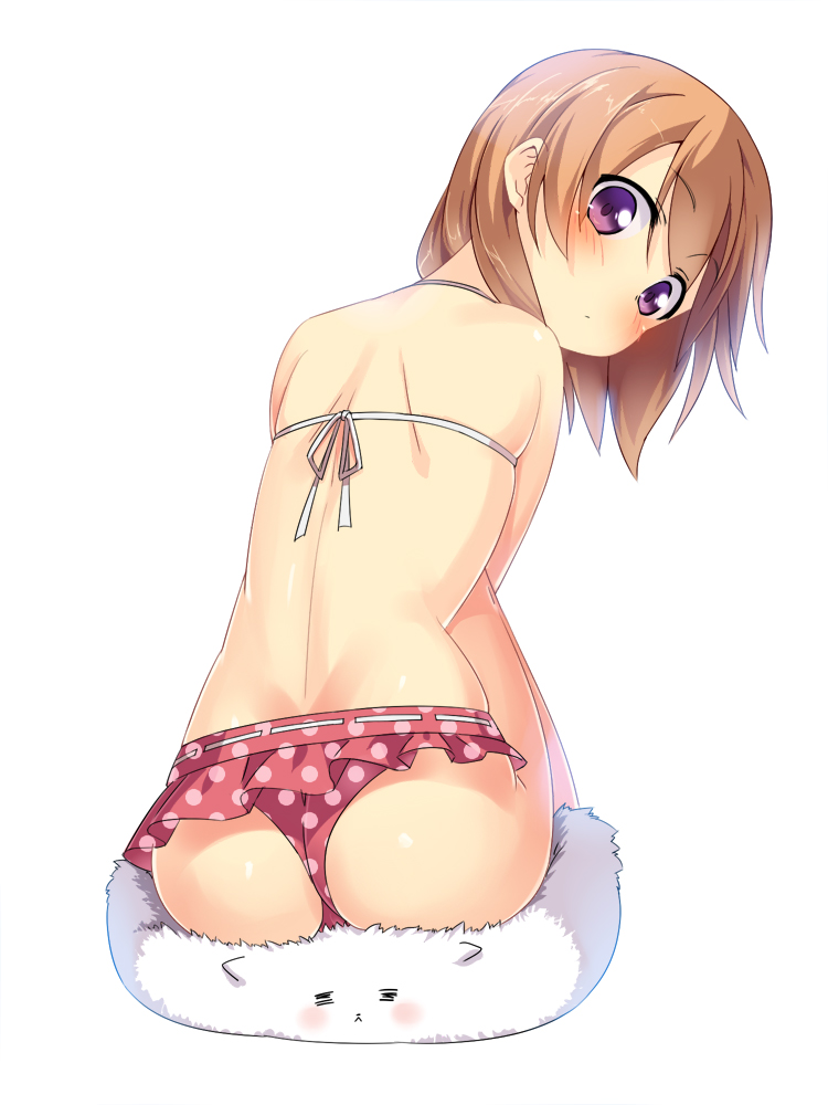 1girl, ass, back, bikini, blush, brown_hair, female_focus, gia_kon, gochuumon_wa_usagi_desu_ka?, hoto_cocoa, looking_at_viewer, looking_back, purple_eyes, red_bikini, role_reversal, short_hair, simple_background, solo, swimsuit, tippy_(gochiusa), tippy_(gochuumon_wa_usagi_desuka?), white_background