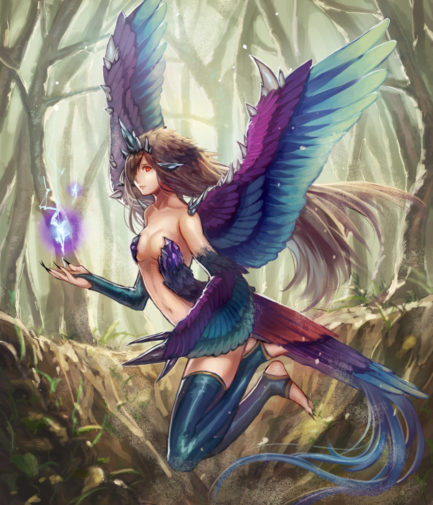 1girl, bare_shoulders, bird_wings, black_nails, blue_thighhighs, breasts, brown_hair, claws