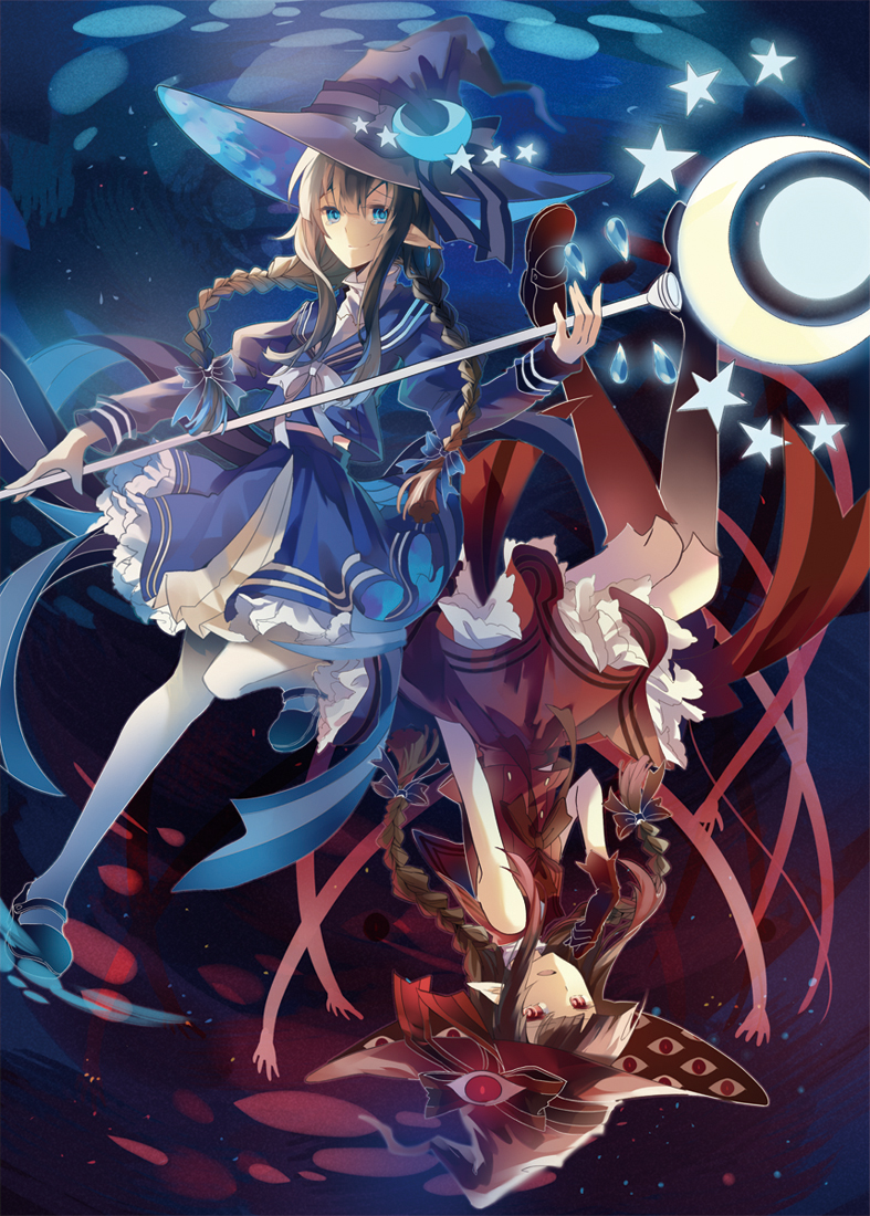 2girls, :d, bad_id, bad_pixiv_id, blue_eyes, braid, brown_hair, dark_persona