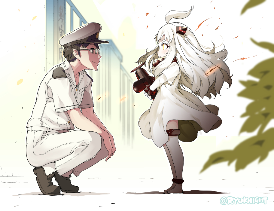 10s, 1boy, 1girl, abyssal_ship, admiral_(kancolle), ahoge, artist_name, barefoot