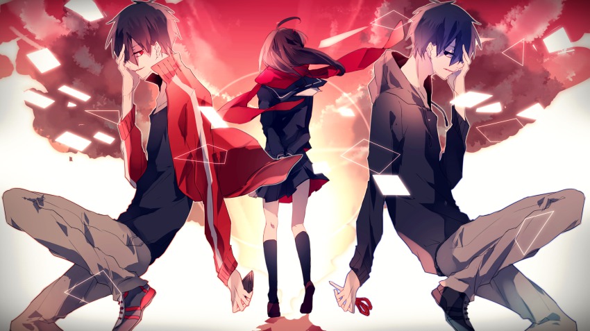 1girl, 2boys, black_hair, dual_persona, highres, kagerou_project, kisaragi_shintarou, long_hair