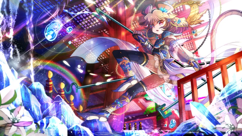 1girl, alternate_costume, animal_ears, bad_id, bad_pixiv_id, bishamonten, bishamonten_(cosplay), brown_hair, chain, cosplay, detached_sleeves, dowsing_rod, female_focus, fingerless_gloves, fumiko_(miruyuana), gloves, holding, looking_at_viewer, mouse_ears, mouse_tail, nazrin, open_mouth, red_eyes, short_hair, solo, tail, touhou