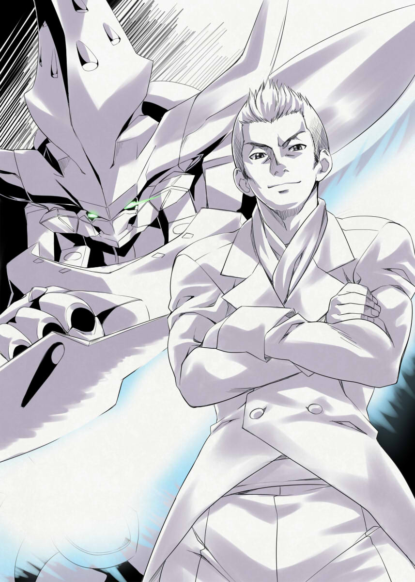 10s, 1boy, aldnoah.zero, argyre, crossed_arms, greyscale, highres, mecha, monochrome, nagayori, robot, vlad_(aldnoah.zero)