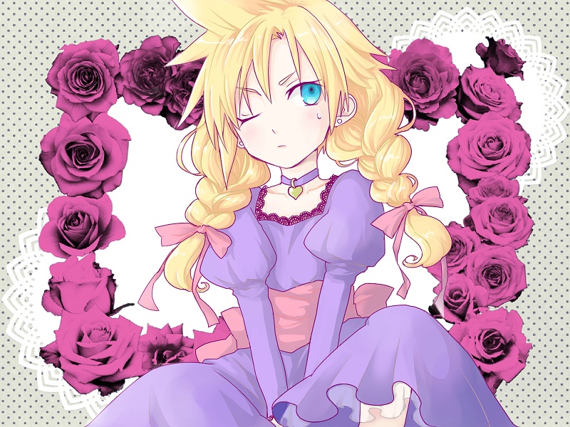 1990s_(style), 1boy, blonde_hair, blue_eyes, braid, choker, cloud_strife, crossdressing, crossdressing_(mtf), dress, final_fantasy, final_fantasy_vii, flower, liruty, male_focus, purple_dress, retro_artstyle, solo, twin_braids, wall_market