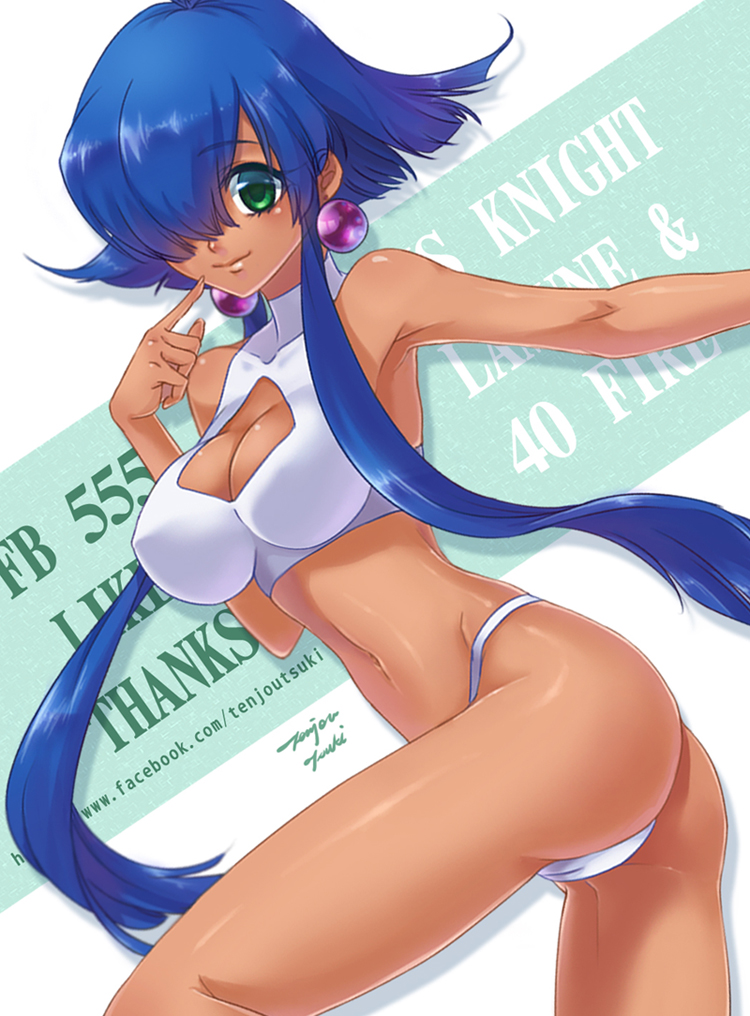 1990s_(style), 1girl, ass, bad_id, bad_pixiv_id, bikini, blue_hair, cacao_(lamune), cameltoe, cleavage_cutout, clothing_cutout, copyright_name, earrings, female_focus, flipped_hair, green_eyes, halterneck, jewelry, ng_knight_lamune_&amp;_40, retro_artstyle, short_hair, sidelocks, signature, smile, solo, swimsuit, tan, tenjou_tsuki, vs_knight_lamune_&amp;_40_fire, watermark, web_address, white_bikini