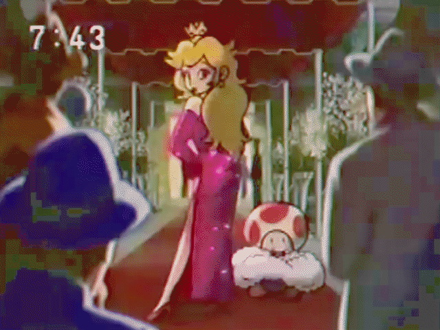 1990s_(style), 1girl, 4boys, alternate_costume, animated, animated_gif, bare_legs, blinking, blonde_hair, blowing_kiss, camera, crown, dress, elbow_gloves, evening_gown, fur_trim, gloves, hat, high_heels, jewelry, legs, long_hair, lots_of_jewelry, mario_(series), mini_crown, multiple_boys, necklace, nintendo, official_art, one_eye_closed, photographer, princess, princess_peach, red_carpet, red_dress, retro_artstyle, sequins, shoes, side_slit, super_mario_bros._1, toad_(mario), wink