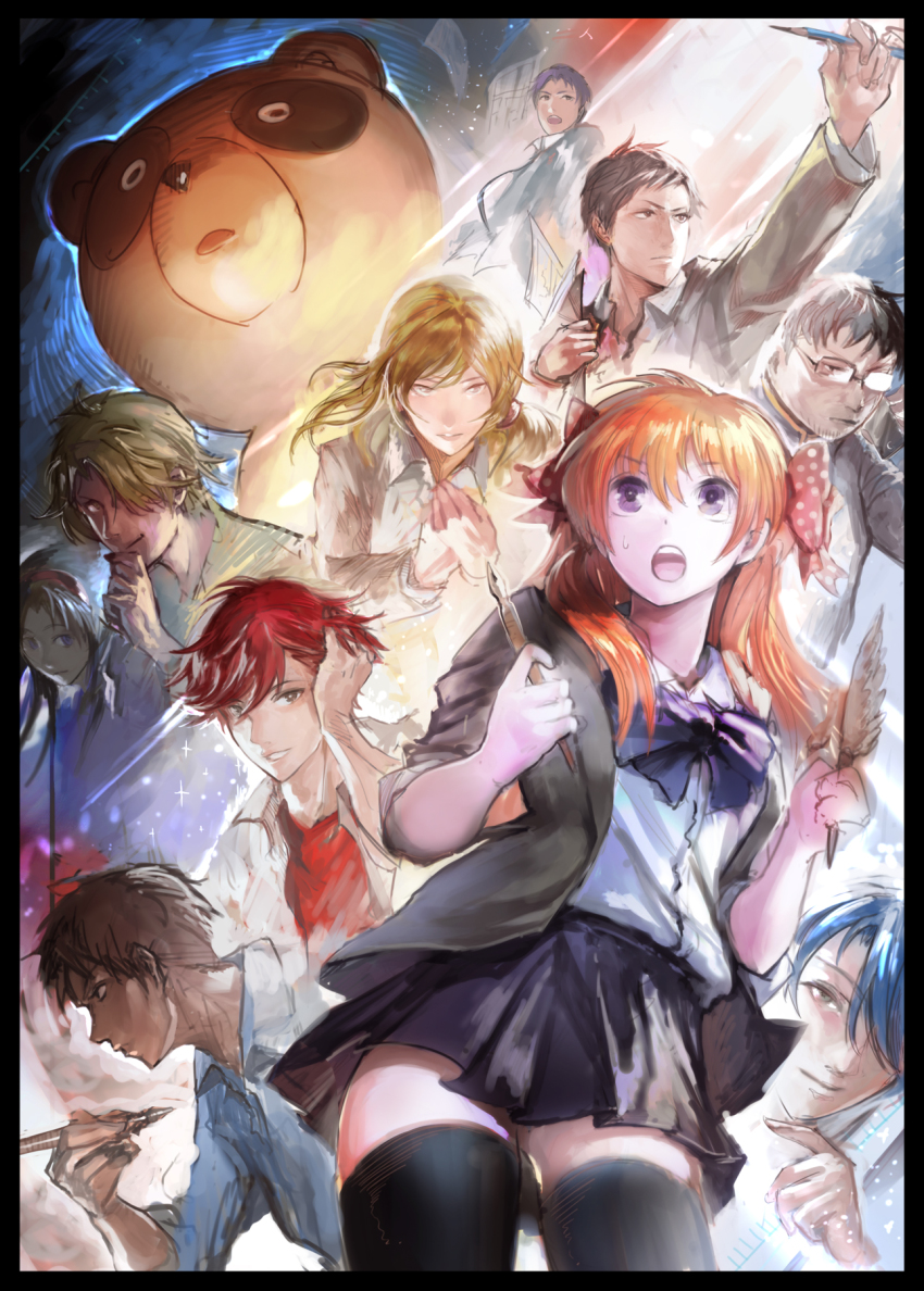 10s, 4girls, 6+boys, beard, black_hair, black_legwear, blonde_hair, blue_hair, bow, brown_hair, facial_hair, gekkan_shoujo_nozaki-kun, glasses, hair_bow, hairband, highres, hikaru_(atelier_no_note), hori_masayuki, kashima_yuu, long_hair, maeno_mitsuya, mikoshiba_mikoto, miyako_yukari, miyamae_ken, multiple_boys, multiple_girls, nib_pen_(object), nozaki_umetarou, open_mouth, orange_hair, pen, pencil, polka_dot, polka_dot_bow, profile, purple_eyes, red_hair, reverse_trap, sakura_chiyo, school_uniform, seo_yuzuki, short_hair, skirt, sweatdrop, tanuki, thighhighs, wakamatsu_hirotaka, zettai_ryouiki