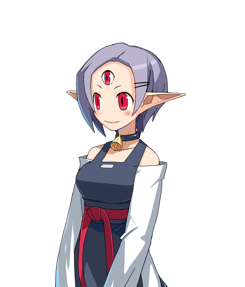 1girl, bell, blush, choker, disgaea, female_focus, hair_ornament, hairclip, harada_takehito, makai_senki_disgaea_2, mama_(disgaea), official_art, pointy_ears, purple_hair, red_eyes, short_hair, smile, solo, third_eye, white_background
