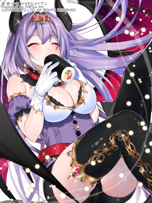 1girl, ^_^, bad_id, bad_pixiv_id, breasts, cleavage, closed_eyes, demon_horns