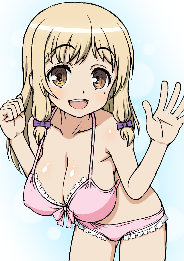 10s, 1girl, bikini, blonde_hair, breasts, brown_eyes, female_focus, hanging_breasts