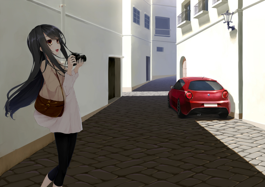 1girl, :d, alfa_romeo, alfa_romeo_mito, bag, black_hair, brown_eyes, camera, car, casual, female_focus, handbag, highres, holding, long_hair, motor_vehicle, open_mouth, original, smile, solo, toy_block, uttt