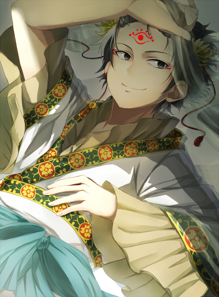 10s, 1boy, black_eyes, black_hair, eyeshadow, facial_mark, forehead_mark, fumio_(kanmi), hakutaku_(hoozuki_no_reitetsu), hoozuki_no_reitetsu, japanese_clothes, looking_at_viewer, lying, makeup, male_focus, obi, sash, short_hair, smile, solo, tassel, third_eye