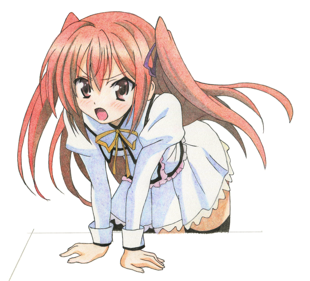 10s, 1girl, angry, ballpoint_pen_(medium), black_thighhighs, blush, claire_rouge, colored_pencil_(medium)