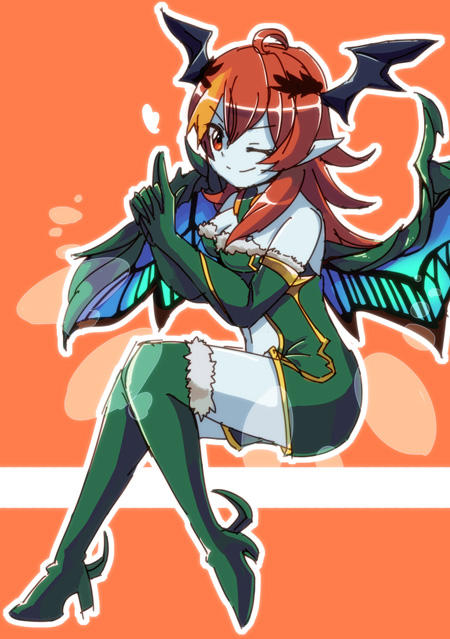 1girl, aasjet, ahoge, bad_id, bad_pixiv_id, blue_skin, boots, breasts, cleavage, colored_skin, demon_girl, demon_horns, dress, elbow_gloves, female_focus, fur_trim, gloves, green_boots, green_gloves, green_thighhighs, heart, hera-beorc_(p&amp;d), hera_(p&amp;d), high_heel_boots, high_heels, horns, ineshumi, kanchou, long_hair, looking_at_viewer, multicolored_hair, navel, one_eye_closed, orange_background, orange_hair, pointy_ears, puzzle_&amp;_dragons, red_hair, smile, solo, thigh_boots, thighhighs, two-tone_hair, wings