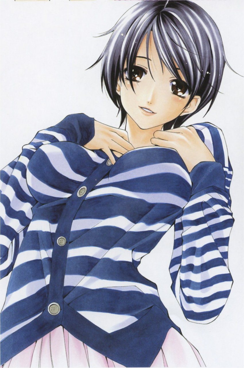 1girl, black_hair, blush, breasts, brown_eyes, female_focus, highres, kanzaki_nanami, kimi_no_iru_machi, large_breasts, official_art, seo_kouji, short_hair, smile, solo, striped_clothes, striped_sweater, sweater