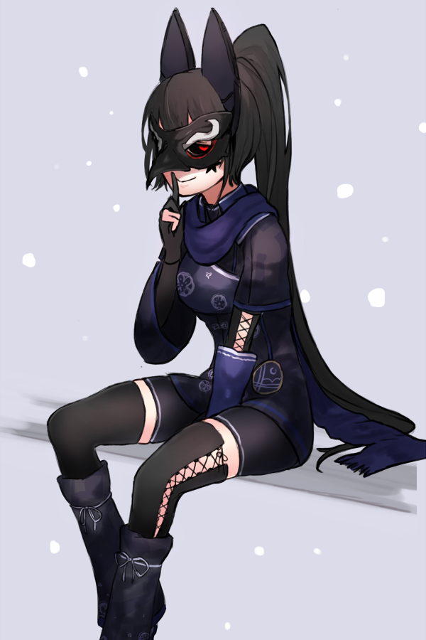 1girl, animal_ears, black_hair, female_focus, ganesagi, gloves, hamano_ikusa, japanese_clothes, long_hair, mask, phantasy_star, phantasy_star_online_2, ponytail, scarf, solo, thighhighs, very_long_hair