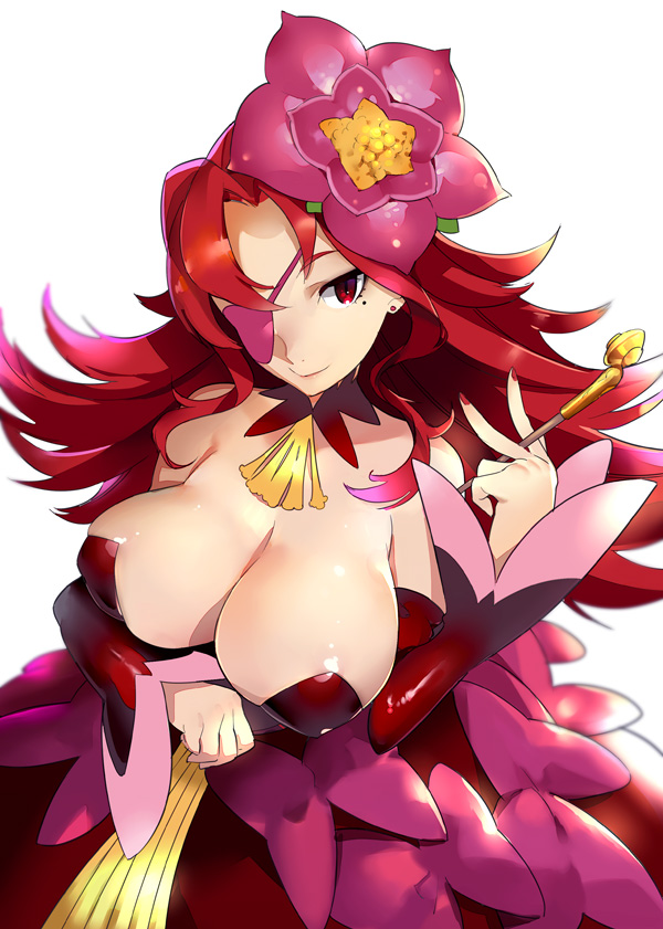 1girl, breasts, cleavage, dress, earrings, eyepatch, female_focus, flower, gelato_(majo_to_hyakkihei), hair_flower, hair_ornament, jewelry, large_breasts, long_hair, looking_at_viewer, majo_to_hyakkihei, mikurou_(nayuta), nail_polish, red_eyes, red_hair, smile, smoking_pipe, solo, valentine_(majo_to_hyakkihei)