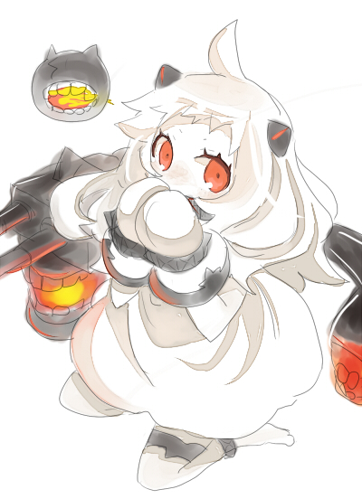 10s, 1girl, abyssal_ship, ahoge, colored_skin, dress, female_focus, horns