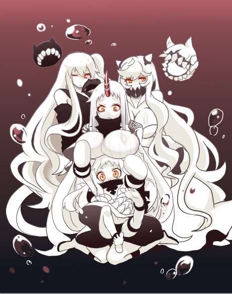 10s, 4girls, abyssal_ship, aircraft_carrier_oni, black_panties, breasts, claws, colored_skin, gauntlets, horns, huge_breasts, kantai_collection, long_hair, masuraoburi, midway_princess, mittens, multiple_girls, northern_ocean_princess, one_eye_closed, one_side_up, panties, red_eyes, seaport_princess, shimesaba_(masuraoburi), single_horn, sitting, underwear, very_long_hair, white_hair, white_skin