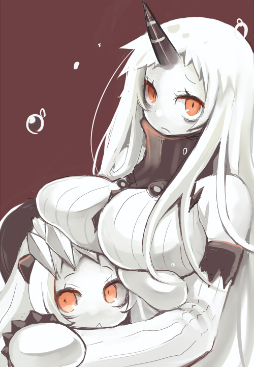 10s, 2girls, :<, abyssal_ship, breasts, colored_skin, detached_sleeves, headpat, height_difference, horns, hug, kantai_collection, large_breasts, long_hair, looking_at_viewer, masuraoburi, mittens, multiple_girls, northern_ocean_princess, orange_eyes, seaport_princess, shimesaba_(masuraoburi), simple_background, single_horn, sketch, white_hair, white_skin