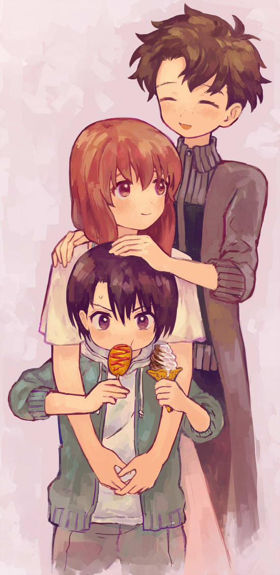 10s, 3girls, brown_eyes, brown_hair, corn_dog, food, ice_cream, ice_cream_cone, koe_no_katachi, long_hair, multiple_girls, nishimiya_shouko, nishimiya_yuzuru, sahara_miyoko, sausage, sawawa, short_hair, siblings, sisters