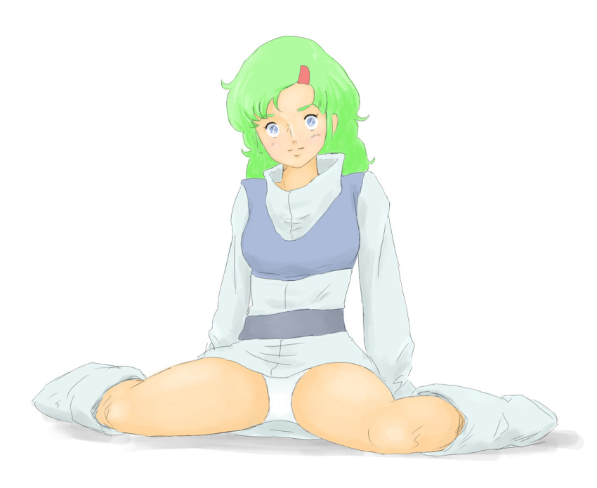 1girl, blue_eyes, boots, dress, elchi_cargo, female_focus, gidayasen, green_hair, pale_color, panties, sentou_mecha_xabungle, sitting, solo, underwear, white_background, white_panties