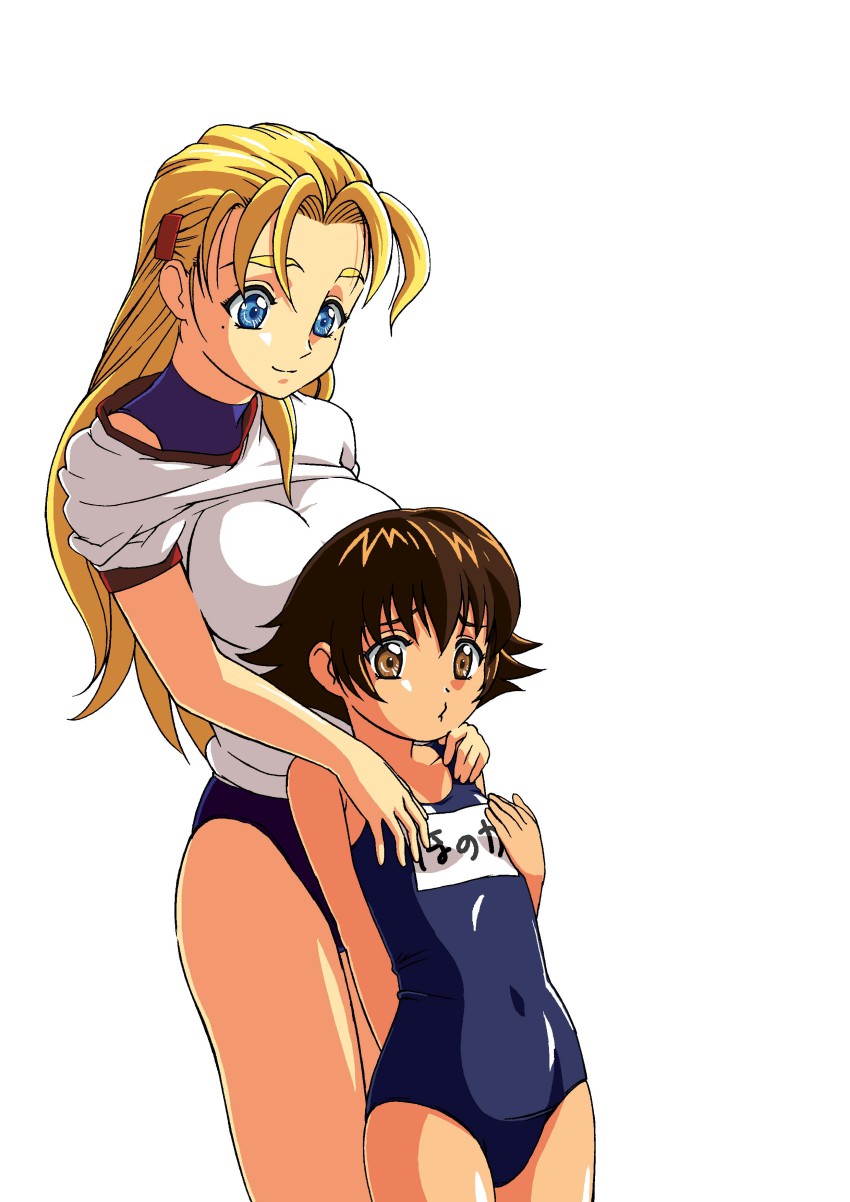 10s, 2girls, absurdres, blonde_hair, brown_hair, female_focus, furinji_miu, gym_uniform, highres, multiple_girls, one-piece_swimsuit, orochi_(namashiba), shijou_saikyou_no_deshi_ken'ichi, shirahama_honoka, swimsuit