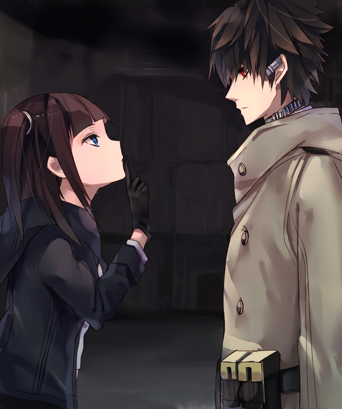 1boy, 1girl, accessory_(freedom_wars), android, blue_eyes, brown_hair, coat, freedom_wars