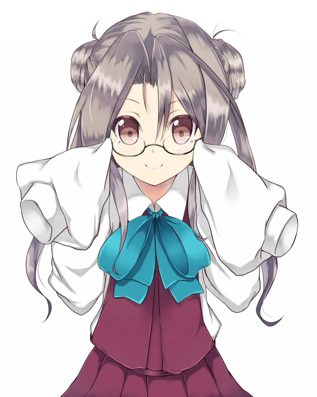1girl, adjusting_eyewear, alternate_hairstyle, amano_kouki, bespectacled, bow, bowtie, brown_eyes, cosplay, double_bun, female_focus, glasses, grey-framed_glasses, hair_bun, highres, kantai_collection, long_sleeves, makigumo_(kancolle), makigumo_(kancolle)_(cosplay), pleated_skirt, purple_skirt, silver_hair, simple_background, skirt, sleeves_past_wrists, smile, solo, twintails, white_background, zuihou_(kancolle)