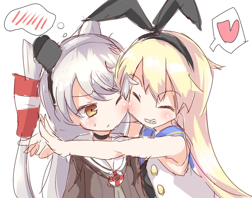 10s, 2girls, amatsukaze_(kancolle), beize_(garbage), blonde_hair, blush, brown_eyes, cheek-to-cheek