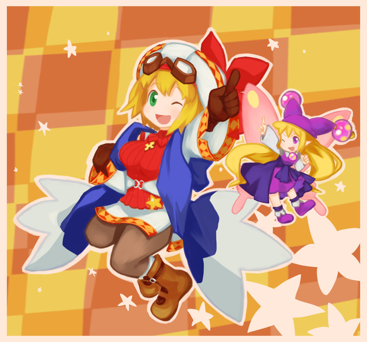 2girls, ;d, blonde_hair, boots, brown_legwear, butterfly_wings, checkered_background, cornet_espoir