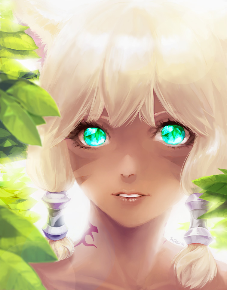 10s, 1girl, 7h2o, animal_ears, blonde_hair, collarbone, eyelashes, facial_mark, female_focus, final_fantasy, final_fantasy_xiv, green_eyes, hair_tubes, lips, looking_at_viewer, miqo'te, portrait, smile, solo, tattoo, teeth, y'shtola_rhul