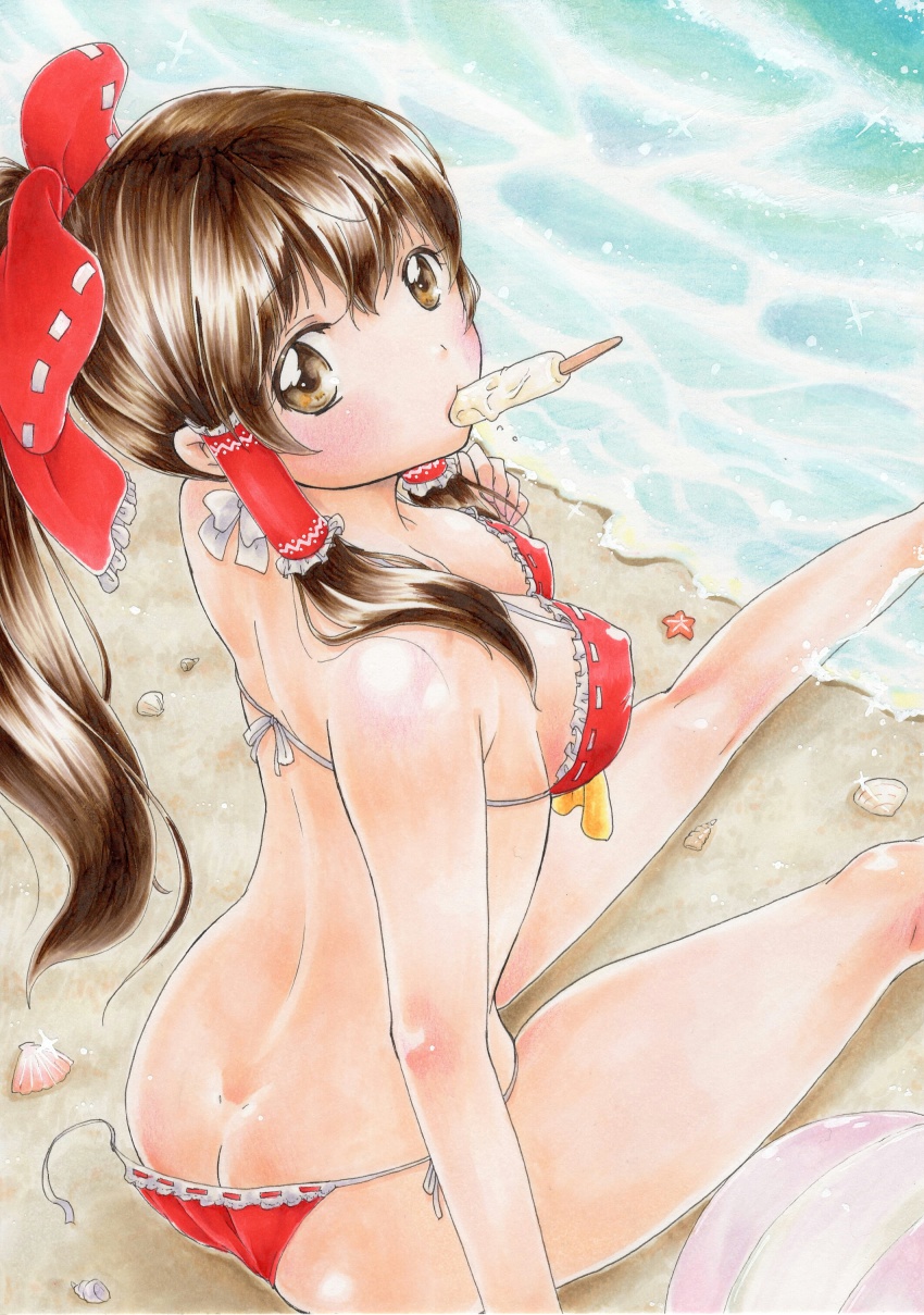 1girl, absurdres, ass, ball, beach, beachball, bikini, bow, breasts, brown_eyes, brown_hair, butt_crack, covered_erect_nipples, dimples_of_venus, female_focus, food, from_above, from_behind, hair_bow, hakurei_reimu, highres, large_breasts, long_hair, looking_at_viewer, mouth_hold, ponytail, popsicle, red_bikini, seashell, shell, side-tie_bikini_bottom, sitting, solo, swimsuit, touhou, untied, wardrobe_malfunction, yuuki_chima