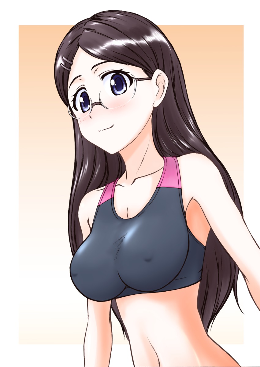 10s, 1girl, black_hair, blue_eyes, blush, breasts, covered_erect_nipples, female_focus, glasses, hair_ornament, hairclip, highres, huge_breasts, long_hair, looking_at_viewer, mochizuki_kazuto, navel, saitou_kaede_(yama_no_susume), smile, solo, sports_bra, yama_no_susume