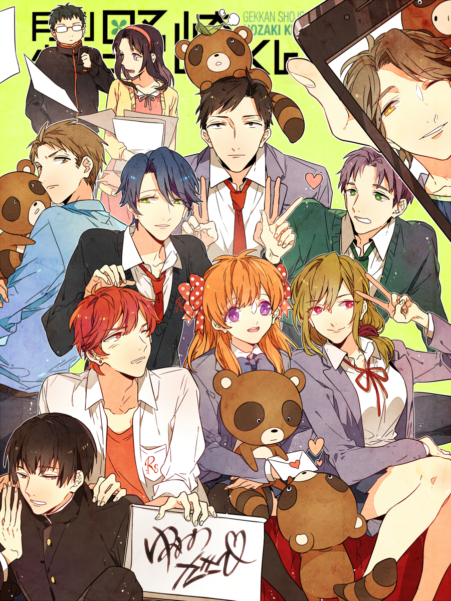 10s, 4girls, 6+boys, black_hair, blue_hair, bow, brown_eyes, brown_hair