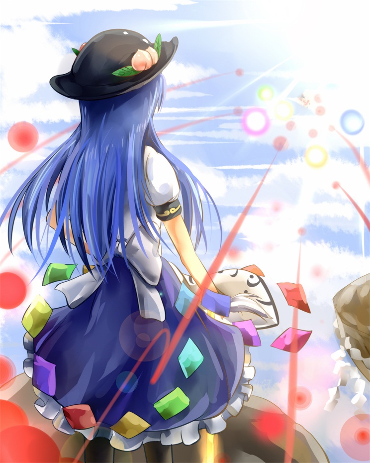 2girls, bad_id, bad_pixiv_id, battle, danmaku, day, energy_ball, flying, food, from_behind, fruit, hakurei_reimu, hat, hinanawi_tenshi, kaname-ishi, kotou_(ko-tou), long_hair, multiple_girls, peach, puffy_short_sleeves, puffy_sleeves, short_sleeves, sky, sword_of_hisou, touhou