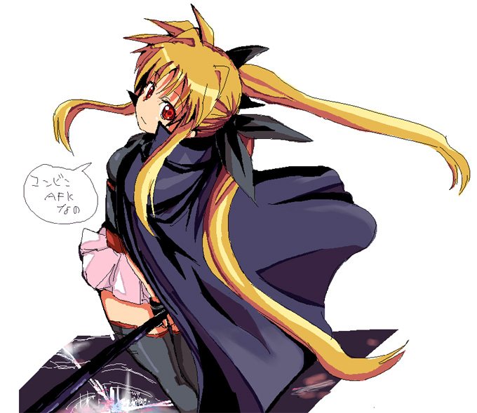 00s, 1girl, bardiche_(nanoha), belt, blonde_hair, cape, electricity, fate_testarossa