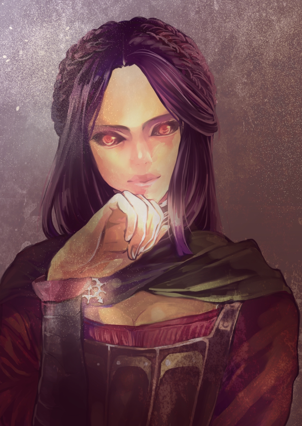 1girl, black_sclera, black_theme, braid, colored_sclera, female_focus, highres, kudo_kunugi, light_smile, multiple_braids, purple_hair, red_eyes, serana, solo, the_elder_scrolls, the_elder_scrolls_v:_skyrim, upper_body