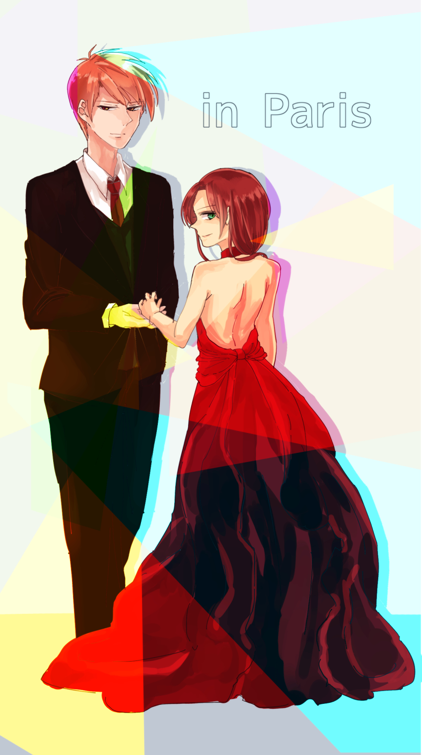 1boy, 1girl, arra_sails, bare_shoulders, brown_hair, choker, dress, formal_clothes