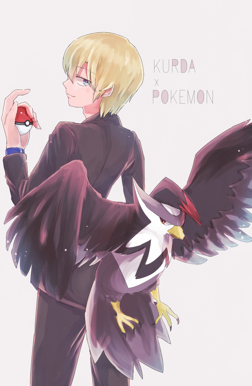 1boy, bird, blonde_hair, blue_eyes, blush, crossover, formal_clothes, gen_4_pokemon