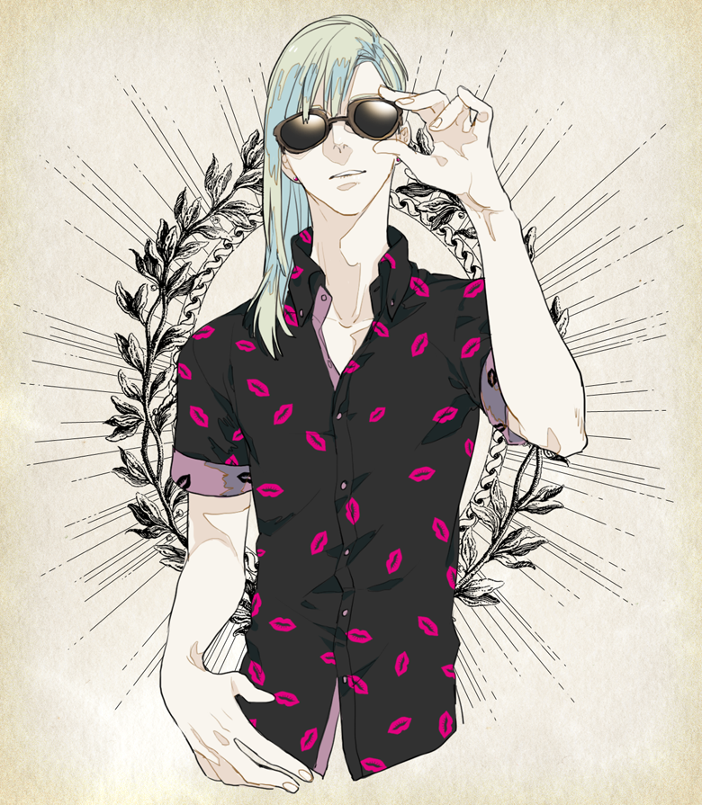 1boy, adjusting_eyewear, alternate_costume, blue_hair, casual, fuhmin, jojo_no_kimyou_na_bouken, male_focus