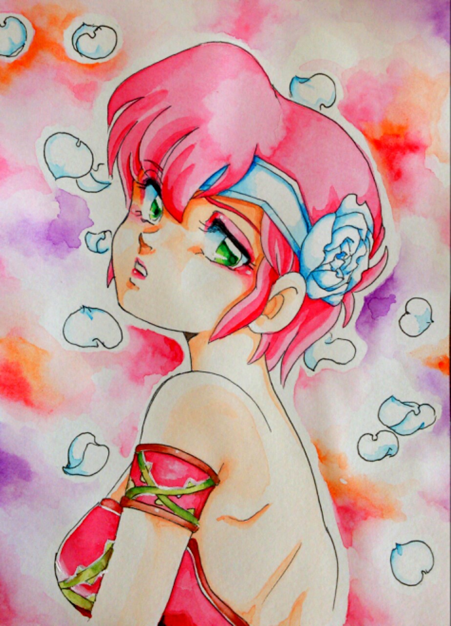 1girl, artist_request, breasts, elle_de_rosenbach, female_focus, gradient_background, green_eyes, headband, highres, red_hair, solo, upper_body, urusei_yatsura, urusei_yatsura_only_you